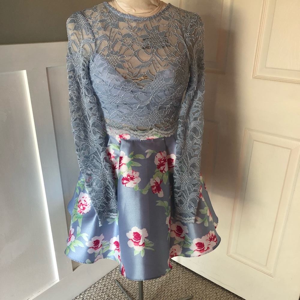 Two piece blue and floral lace dress